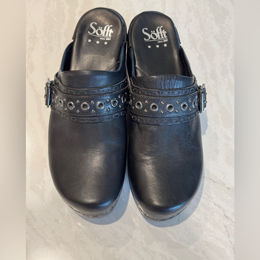 Sofft Black Leather Studded Buckle Clog Mules